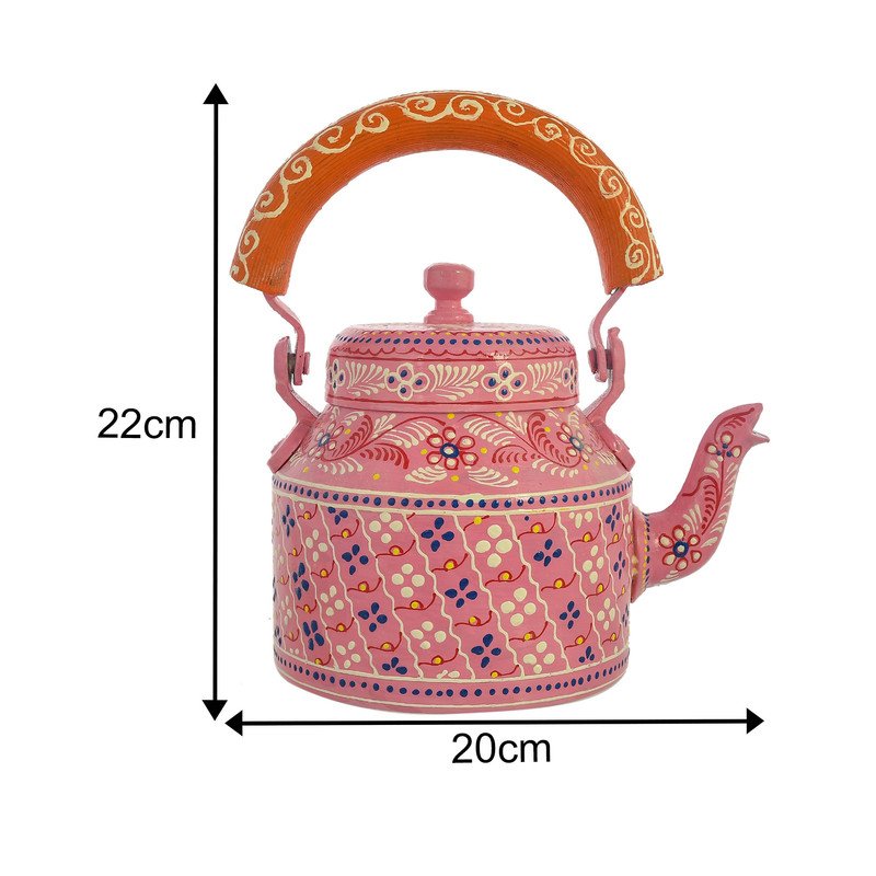 HandPainted Alluminium Pink Tea Kettle with Four Glasses and Wooden Tray For Home Décor , Tea Party , Serving - Image 3