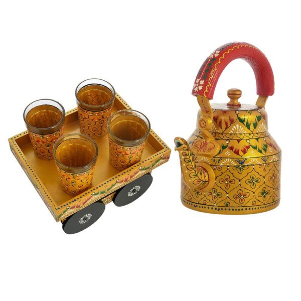 HandPainted Alluminium Tea Kettle with Four Glasses and Wooden Tray For Home Décor , Tea Party , Serving