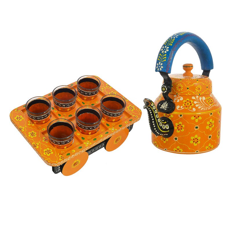 HandPainted Alluminium Tea Kettle with 6 Glasses and Wooden Tray For Home Décor , Tea Party , Serving