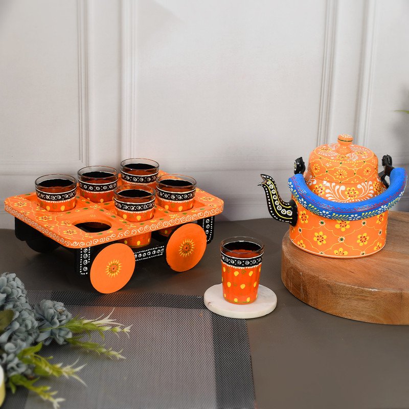 HandPainted Alluminium Tea Kettle with 6 Glasses and Wooden Tray For Home Décor , Tea Party , Serving - Image 4