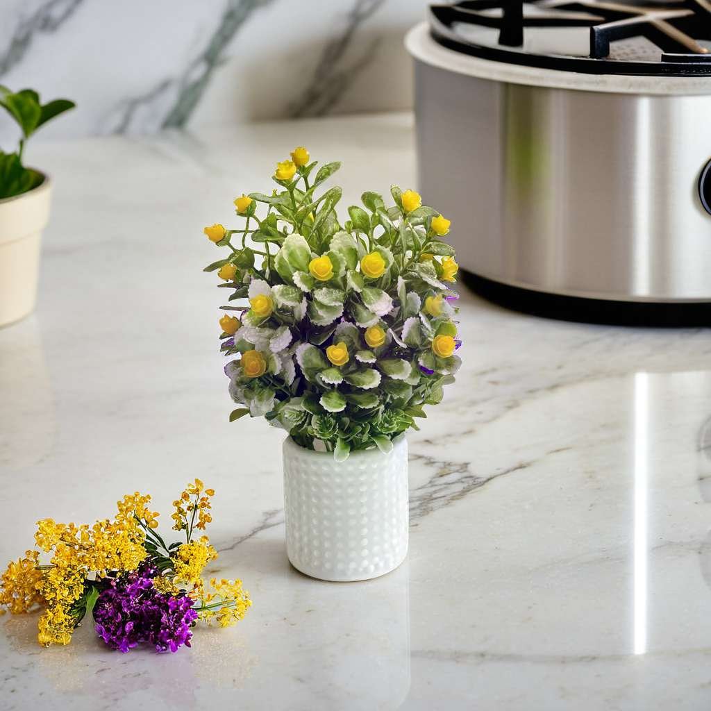 Artificial Plants for Home Decor with Pot Yellow Flowers & Grass Balls Aesthetic Room Decor Items for Living Room, Bedroom | Fake Plants for Office, Reception, Tabletop (RV-AP6) - Image 4