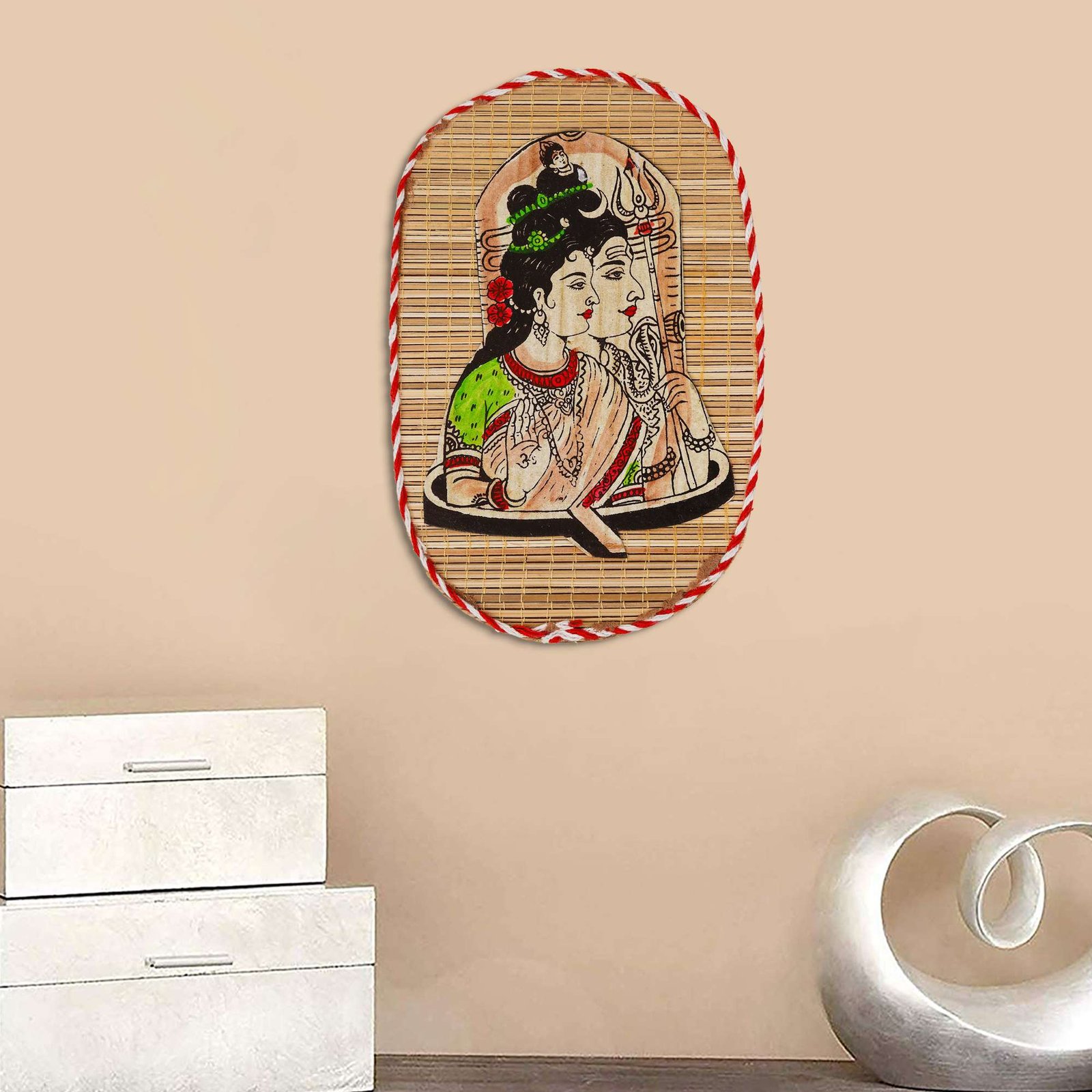 Oval Shaped Design Bamboo Hand Crafted Wall Hangings Of Shiv Sakti For Home D?cor - Image 4