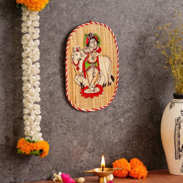 Oval Shaped Design Bamboo Hand Crafted Wall Hangings Of Bal Gopal With Holy Cow For Home D?cor | Bamboo Art For Wall Decor