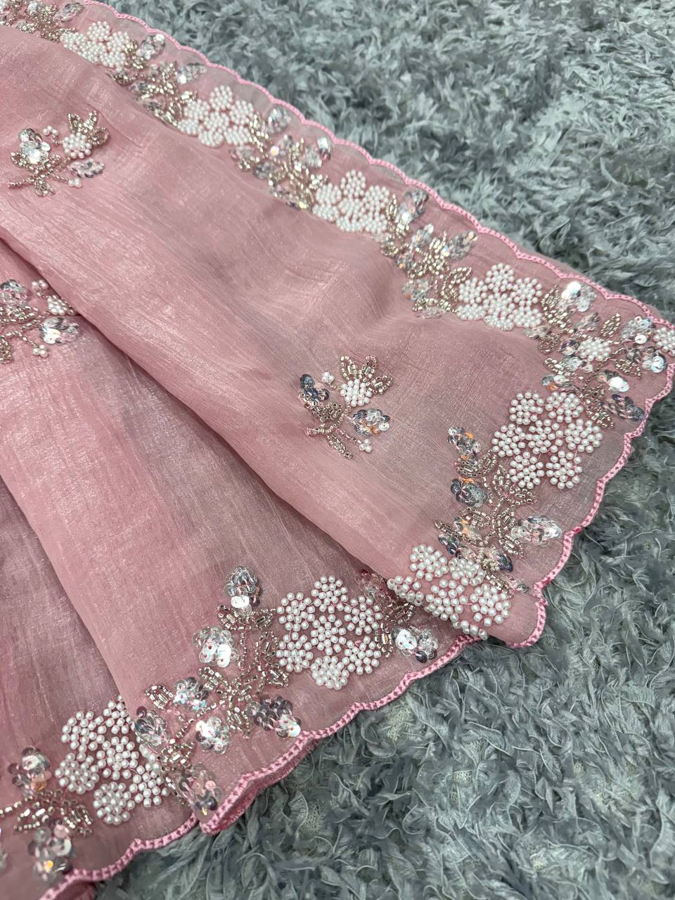 Women's Soft Pink Organza Saree with Delicate Pearl & Sequin Floral Embroidery – Lightweight Sheer Drape for Festive, Wedding & Party Wear - Image 5