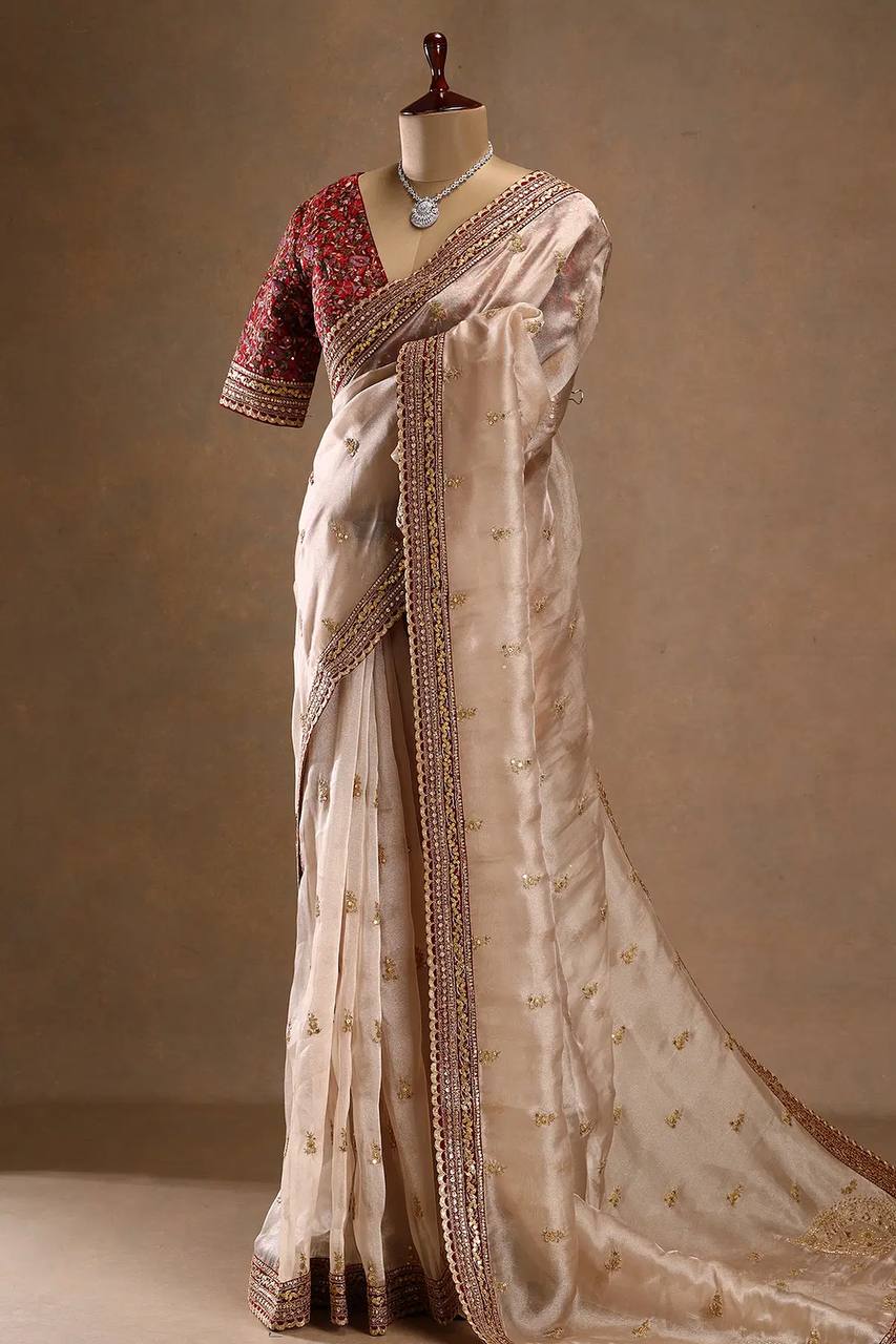 Women's Exquisite Ivory Tissue Organza Saree with Gold Sequin & Zari Embroidery – Paired with Heavy Maroon Readymade Blouse for Wedding & Festive Wear - Image 6